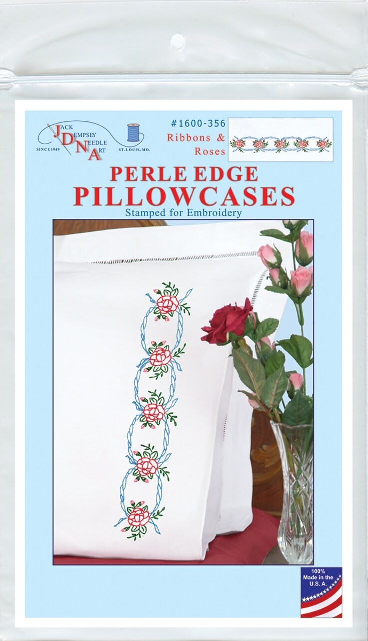 Jack Dempsey Stamped Pillowcases W/White Perle Edge 2/Pkg-Ribbons & Roses